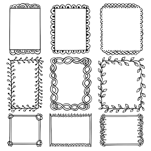 Vector marcos de doodle negros para diario de bala, cuaderno, diario y planificador aislado sobre fondo blanco