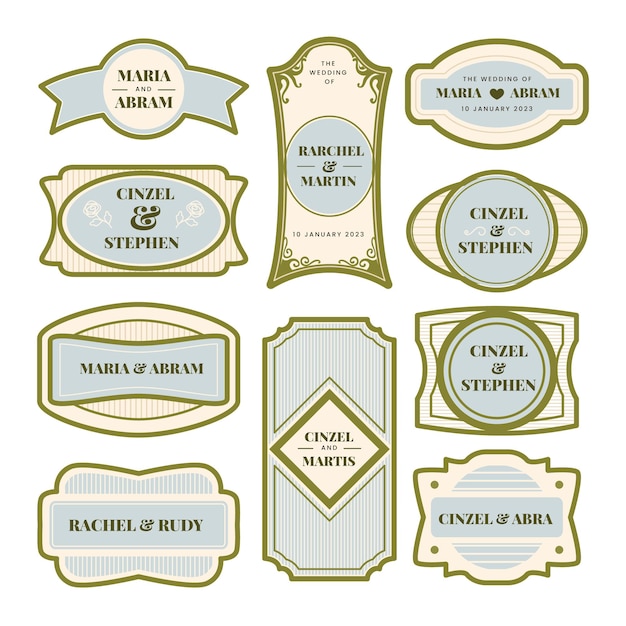 Vector marcos de etiquetas de boda. viejas etiquetas ornamentadas, marco vintage decorativo y placa retro. insignias reales.