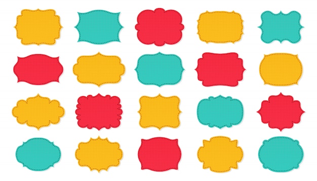 Marcos de etiquetas parche conjunto de dibujos animados Etiqueta de etiqueta de diseño de bloc de notas. Colección de marcos decorativos vacíos con patrón, capas cosidas. Silueta de color, varios banner de forma. Ilustración aislada
