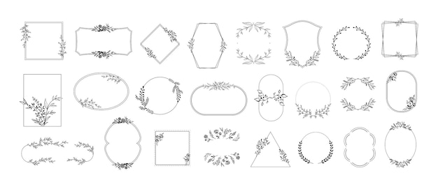 Marcos florales Diseños de bordes de formas minimalistas con flores florecientes hojas dibujadas a mano y adornos de ramas de croquis conjunto de plantillas vectoriales