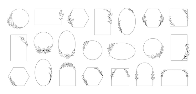 Marcos florales Fronteras botánicas minimalistas con ramas de plantas Hierbas y flores Caligrafía flores o hojas Contorno geométrico aislado Formas elegantes Conjuntos de coronas decorativas de bodas vectoriales