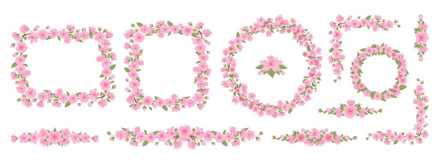 Marcos de flores de sakura Frentes de flores de cerezo Elementos decorativos de flores de Sakura japonesas Marcos y divisores de vectores planos Conjunto de ilustraciones de cuadros florales de primavera Colección