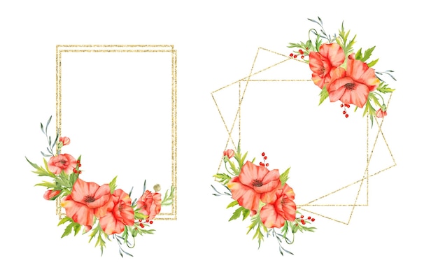 Marcos de flores silvestres Flores de amapola Ilustración de acuarela Marcos de amapola acuarela botánica Flores silvestres
