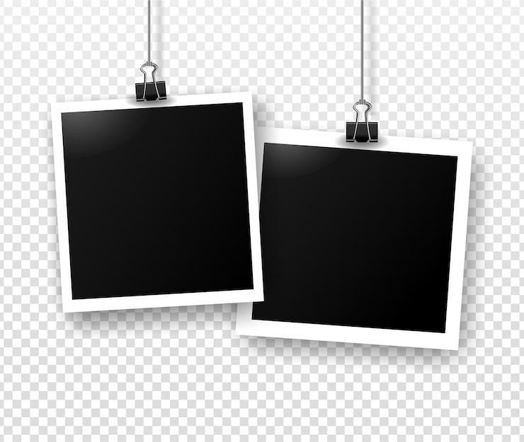 Marcos de fotos colgando de clips de carpeta con sombra. Plantilla para editar. Ilustración realista vector de foto vacía aislada sobre fondo gris transparente.