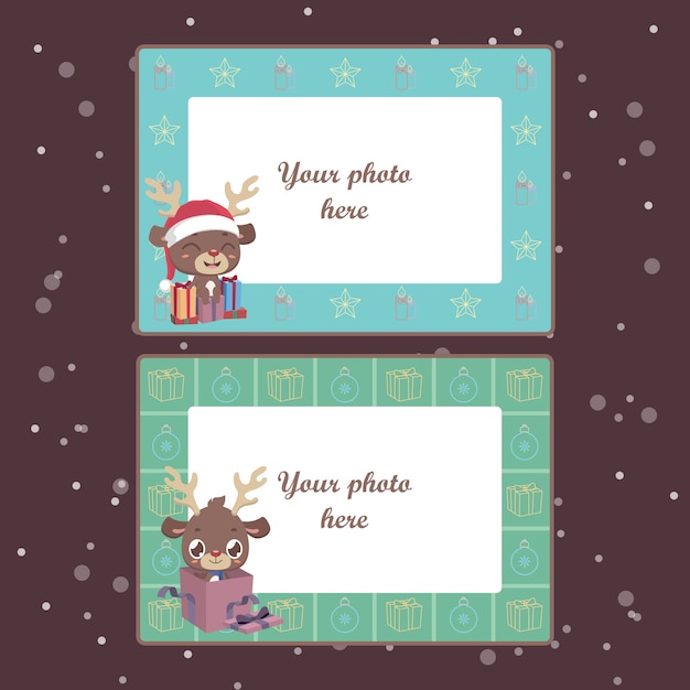 Vector marcos de fotos navideñas con renos festivos.