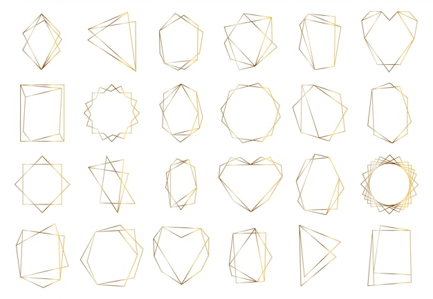 Marcos geométricos dorados. elegantes elementos hexagonales de oro, marco de invitación de boda abstracta. conjunto de símbolos de frontera de lujo vintage. ilustración geométrica de forma dorada, hexágono y círculo