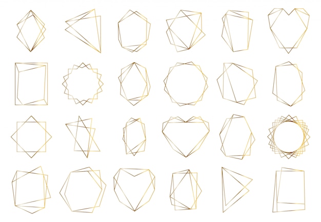 Marcos geométricos dorados. Elegantes elementos hexagonales de oro, marco de invitación de boda abstracta. Conjunto de símbolos de frontera de lujo vintage. Ilustración geométrica de forma dorada, hexágono y círculo