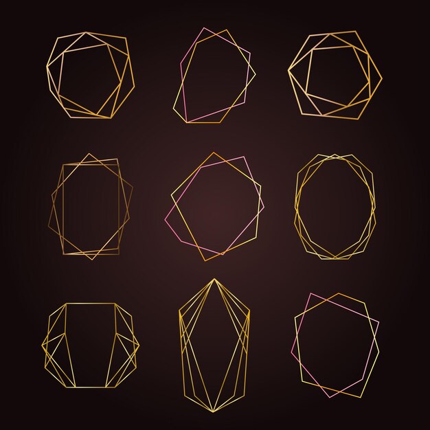 Marcos geométricos dorados Elementos hexagonales dorados elegantes Marco de invitaciones de boda abstracto Vintage