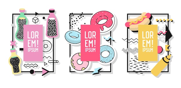 Marcos geométricos con elementos abstractos y dulces. Gráficos de arte moderno para volantes, carteles, pancartas, carteles, folletos con lugar para texto. Ilustración vectorial