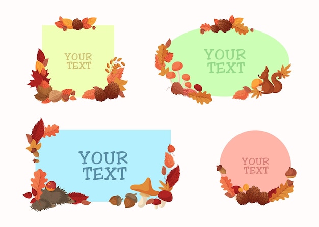 Marcos con hojas de otoño y conjunto de ilustraciones de vectores de animales
