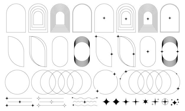 Marcos lineales estéticos minimalistas modernos Iconos de explosión de estrellas y marcos y bordes minimalistas con estrellas centelleantes Colección de elementos gráficos Y2K Ilustración vectorial EPS 10