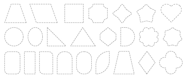Marcos de líneas discontinuas Marcos cuadrados de puntos Círculo lineal Fronteras simples rectángulo oval hexágono triángulo corazón estrella contorno Formas discontinuos para marco de cupones geométricos Conjunto de bordes vectoriales