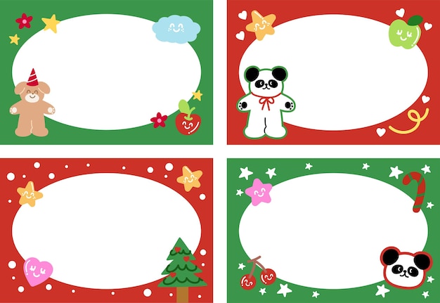 Marcos de Navidad y Año Nuevo con cachorro panda sombrero de fiesta árbol de Navidad caramelo caña cereza fruta estrella