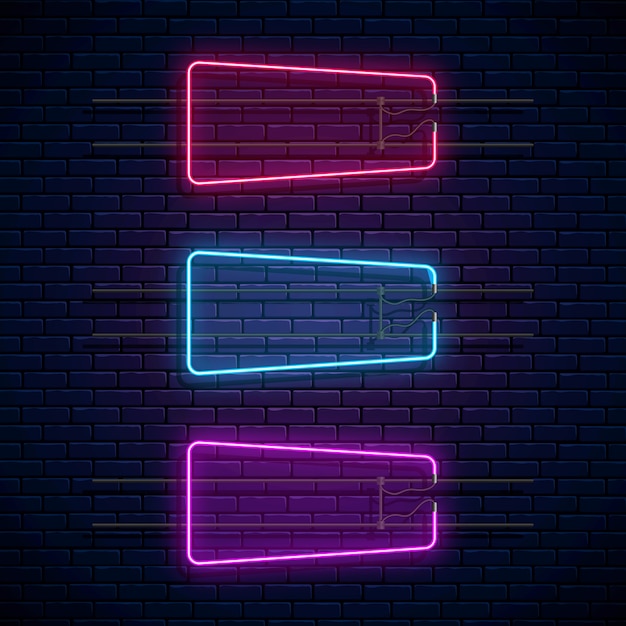 Marcos de neón brillantes. Conjunto de banners de neón. Letrero de brillo realista. Bordes brillantes para lugar vacío.