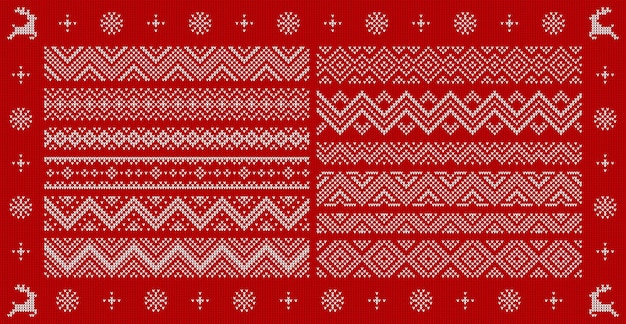 Marcos y patrones de bordes de suéter navideño Vacaciones de invierno Espaciadores navideños o bordes vectoriales con patrones de suéter feo textura de prendas de punto Conjunto de líneas de patrón de puente de lana de vacaciones de invierno de Navidad