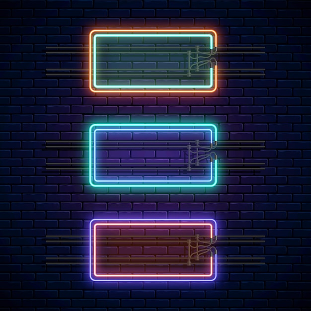 Marcos rectangulares dobles de neón brillante sobre fondo de pared de ladrillo oscuro. Conjunto de banners de luz de neón. Letrero de brillo realista. Ilustración vectorial. Bordes brillantes para lugar vacío para texto o inscripción.