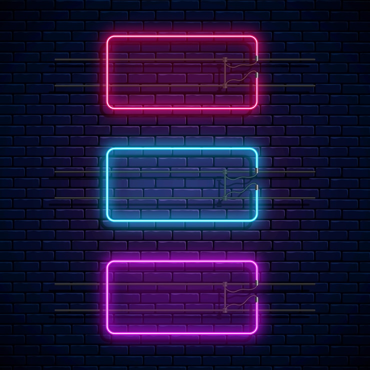 Vector marcos de rectángulo de neón brillante. conjunto de banners de luz de neón. bordes brillantes realistas para lugar vacío.