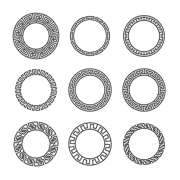 Marcos redondos griegos. Bordes de marco negro mediterráneo circular antiguo con patrón helénico. Conjunto de vector de diseño de tatuaje mandala ornamental geométrico