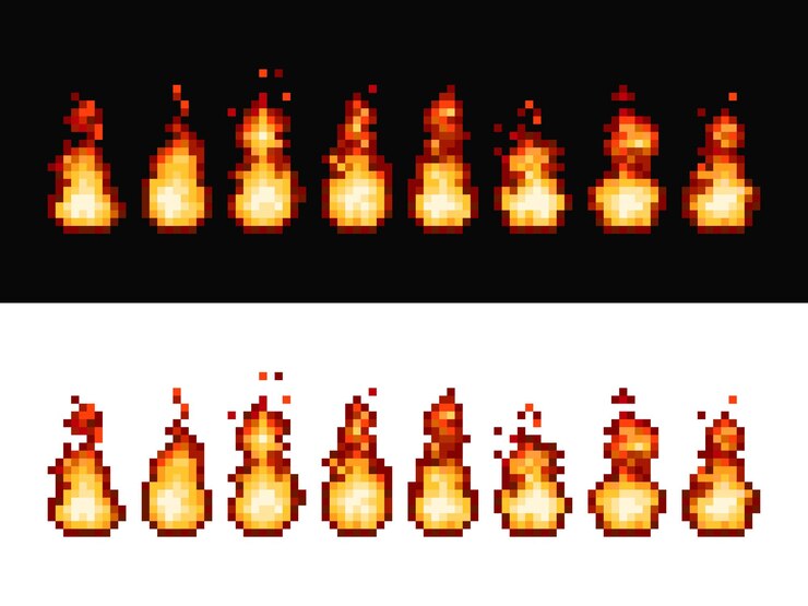 Vector marcos de sprite de animación de pixel art de llama de fuego, 8 bits