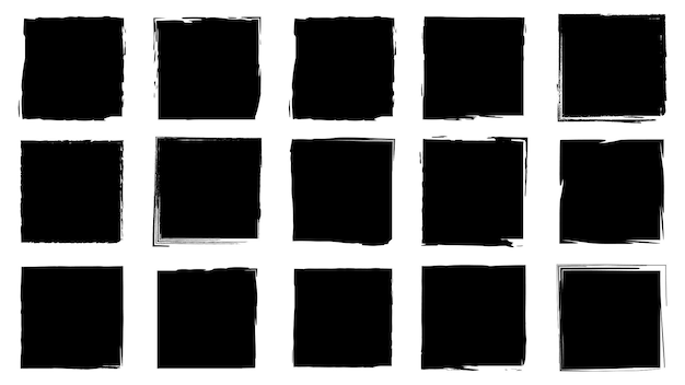 Marcos sucios para el diseño de estilo grunge. trazos de pincel de tinta. un conjunto de texturas de angustia de forma cuadrada o rectangular. fondos aislados para el diseño de marcos de texto, carteles, pancartas. blanco negro.