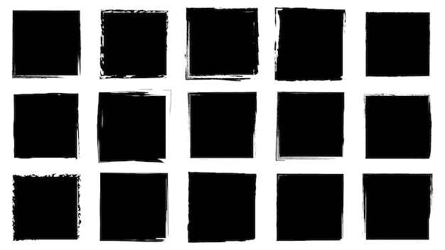 Marcos sucios para el diseño de estilo grunge. Trazos de pincel de tinta. Un conjunto de texturas de angustia de forma cuadrada o rectangular. Fondos aislados para el diseño de marcos de texto, carteles, pancartas. Blanco negro.