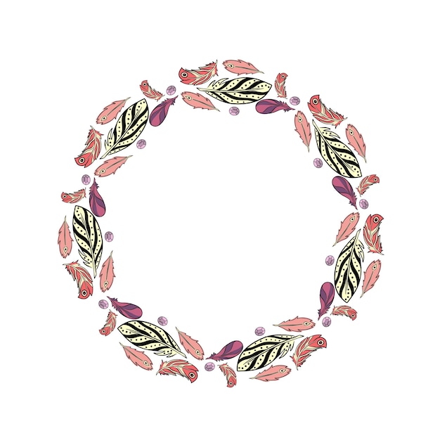 Marcos de texto redondos en estilo boho con colgantes de cuentas, plumas y cristales Marco redondo de corona de plantilla vintage