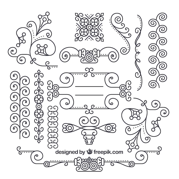 Marcos vintage de oro Conjunto de bordes decorativos Conjunto del ornamento floral Decoración antigua vectorial
