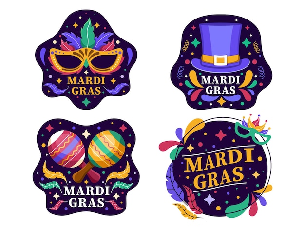 Vector mardi gras 4 establece la colección de etiquetas con un estilo vectorial colorido y plano. diseño de etiquetas de mardi gras.
