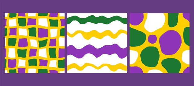 Mardi Gras Abstracto Dibujado a mano Patrones sin costuras Conjunto Colección de adornos de vacaciones brillantes