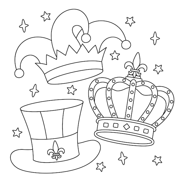 Mardi Gras King Crown y Jester Hat Página para colorear