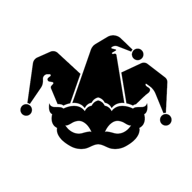Mardi Gras logotipo negro sombrero de bufón y máscara de carnaval icono vectorial de silueta