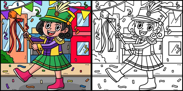 Mardi Gras Majorette Página para colorear Ilustración