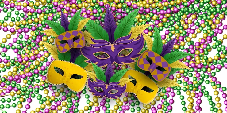 Vector mardi gras con pila de máscaras sobre fondo de cuentas mardi gras vector diseño ilustración
