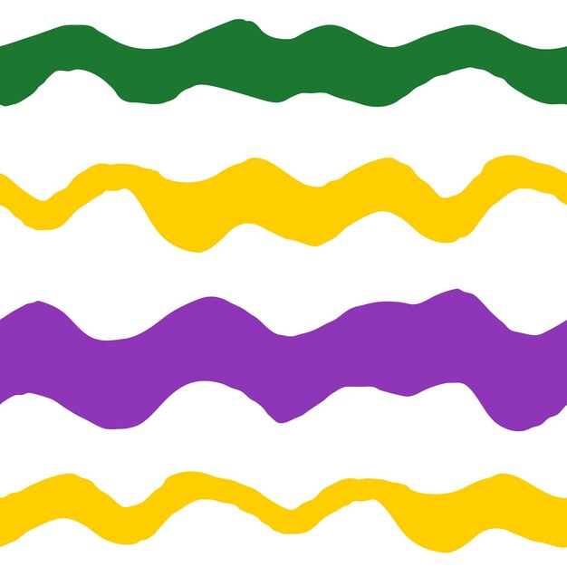 Mardi Gras Wavy patrón sin costuras fondo abstracto minimalista con curvas coloridas dibujadas a mano