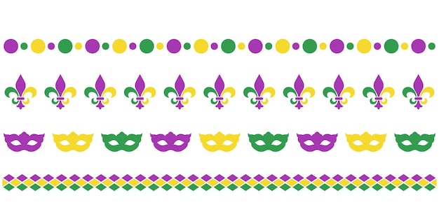 Vector mardy gras conjunto de borde horizontal cuentas y máscara de carnaval fleur de lis elementos de diseño de decoración de fiesta divisores vectoriales