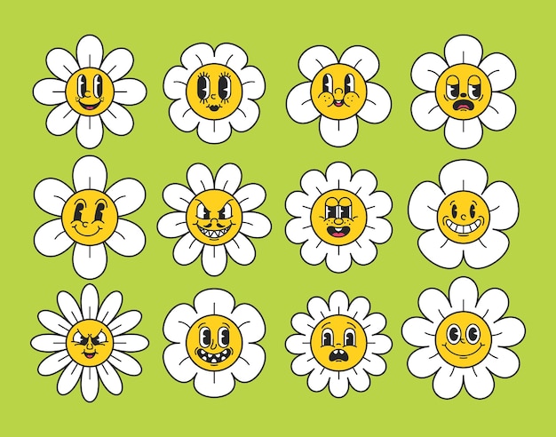 Margaritas de dibujos animados nostálgicos con emociones expresivas Sonrisa Caras de flores alegres y aburridas que evocan un sentido de encanto retro y alegría en sus iconos de ilustración vectorial de diseño encantador