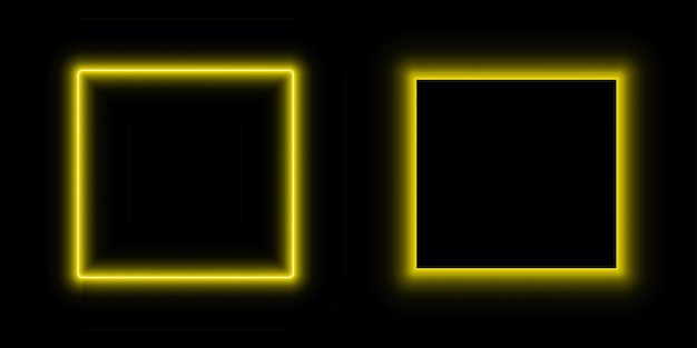 Margen de marco cuadrado de neón amarillo aislado sobre fondo negro con borde brillante para la decoración