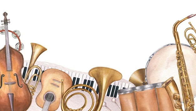 Margen musical de acuarela con guitarra saxofón piano y otros instrumentos fondo aislado marco rectangular con espacio de copia para el texto Para el cartel del festival de música de verano programa de conciertos al aire libre