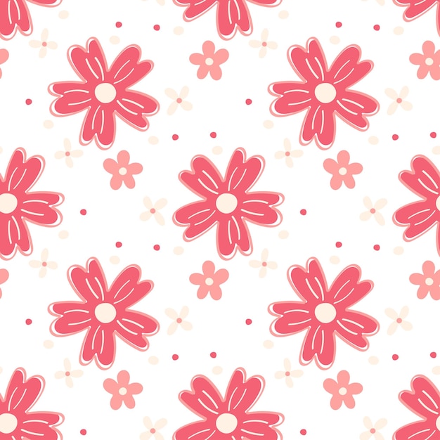 Margueritas rojas pintadas a mano con patrón floral sin costuras de color beige y rosa claro