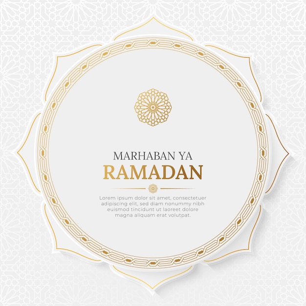 Marhaban ya ramadan elegante tarjeta de felicitación blanca y dorada plantilla de publicación en redes sociales