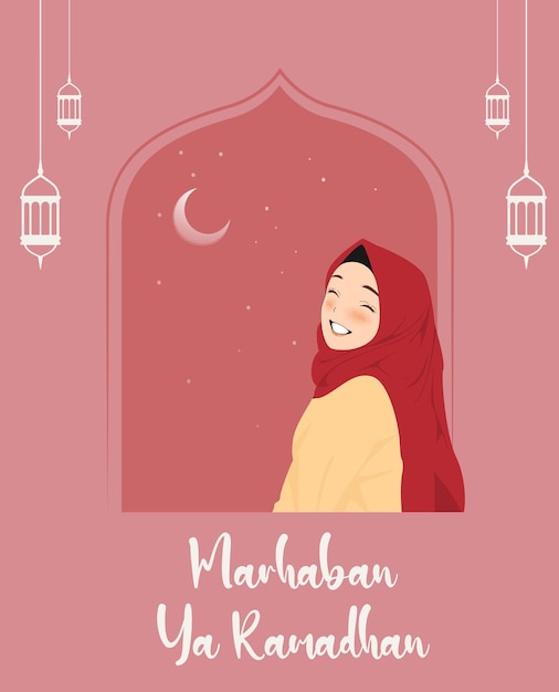 Vector marhaban ya ramadhan plantilla de póster con ilustración vectorial de la chica hijabi