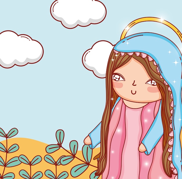 maria con ramas hojas plantas y nubes