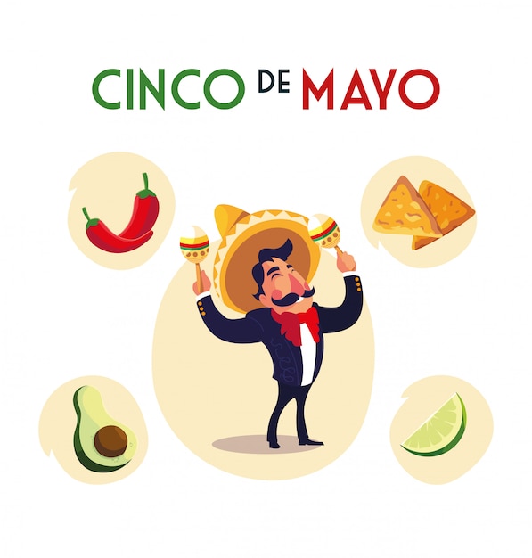 Vector mariachi mexicano con set de iconos del cinco de mayo