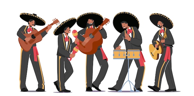 Vector mariachi músicos mexicanos banda carnaval actuación personajes tocando guitarra tambores e instrumentos maracas banda de música latina en sombrero y trajes nacionales dibujos animados gente vector ilustración