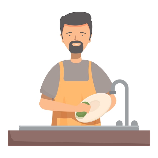 El marido de la casa lavando los platos con un delantal en el fregadero de la cocina