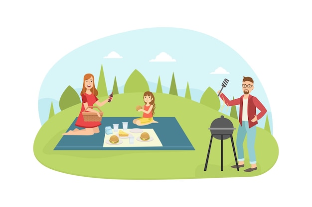 Vector marido cocinando barbacoa esposa e hija acostados en un plato familia feliz haciendo picnic y relajándose al aire libre ilustración vectorial