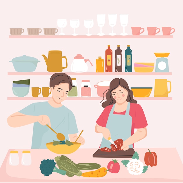 Marido y mujer cocinando juntos en la cocina