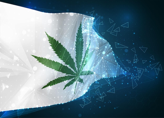 Marihuana virtual, droga digital en la bandera, objeto 3d de polígonos triangulares sobre un fondo azul.