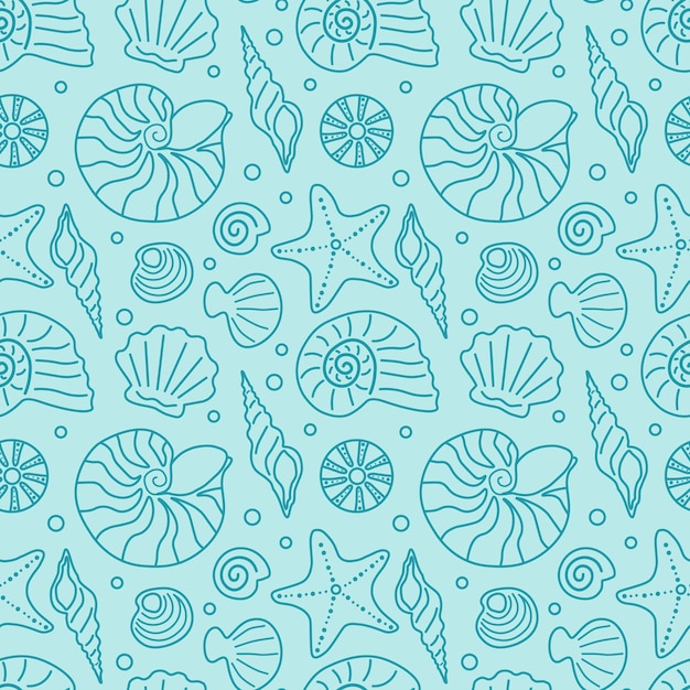 Marine hand drawn seashell seamless pattern in doodle style on blue background