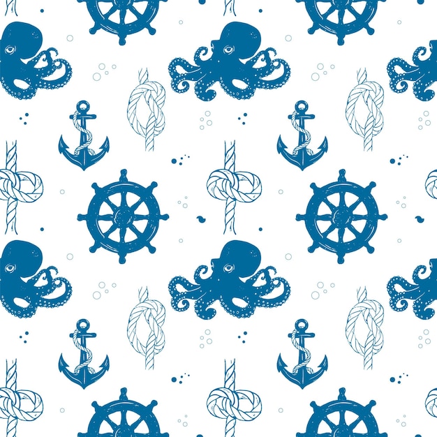 Marine vector seamless pattern Hand drawn octopus anchor sea knot steering wheel Decorative print